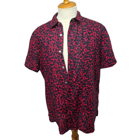 Perry Ellis Linen Blend Shirt Mens Sz L Red Navy Abstract Short Slv Button Up - Picture 1 of 8